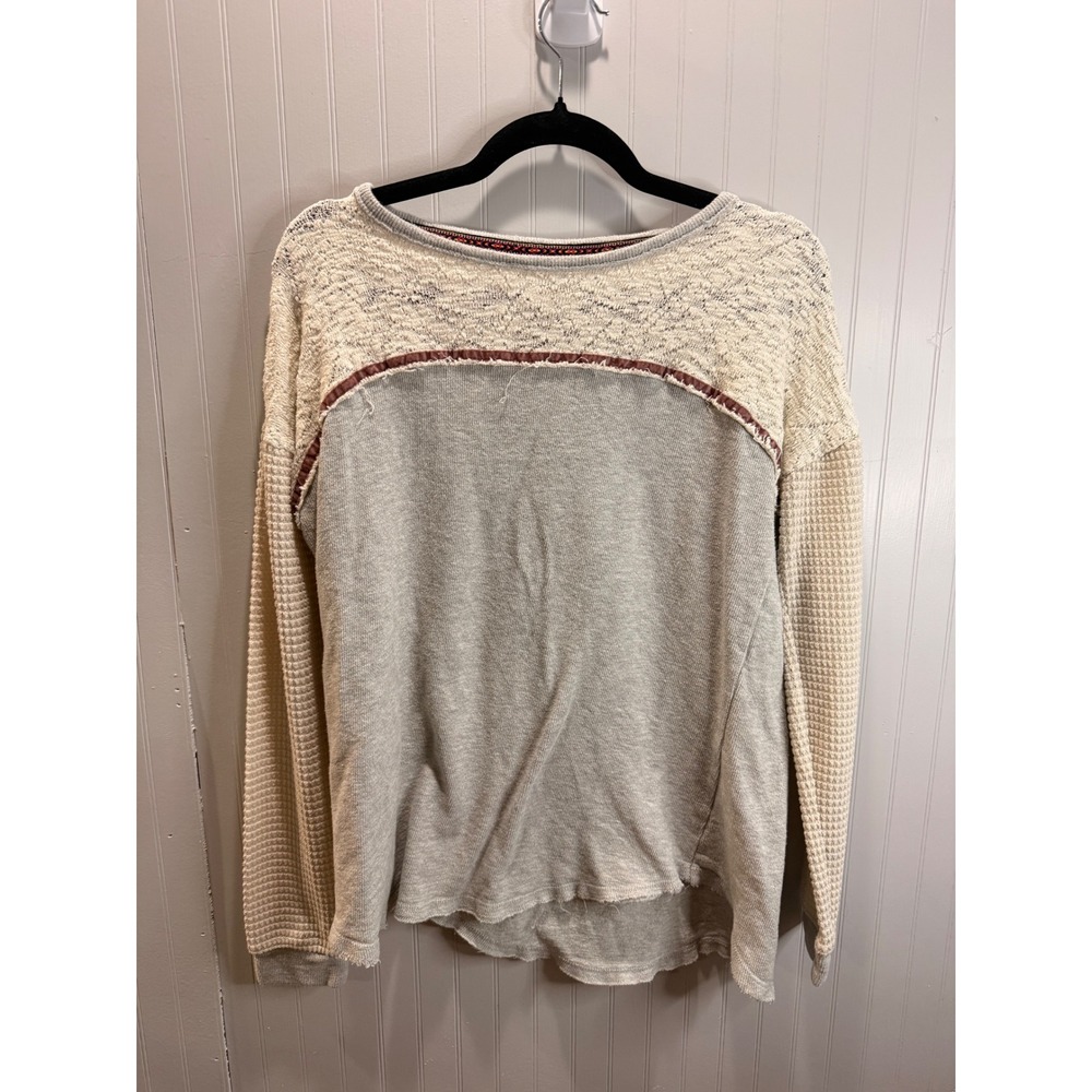 Knox Rose Womens Mixed Media Waffle Knit Lace‎ Velvet Trim Top Grey Cream Medium